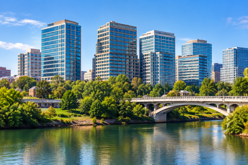 City skyline with modern glass high-rise buildings along a green river and a curved stone bridge crossing the water under a clear blue sky.